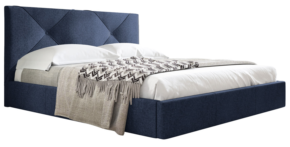 SELSEY Łóżko tapicerowane 140x200 cm Karinio z pojemnikiem na pościel granatowe plecionka