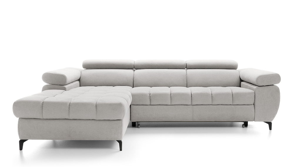 SELSEY Narożnik z funkcją spania Pernes L-kształtny z regulowanymi zagłówkami i podłokietnikami oraz pojemnikiem jasnoszary velvet łatwoczyszczący lew