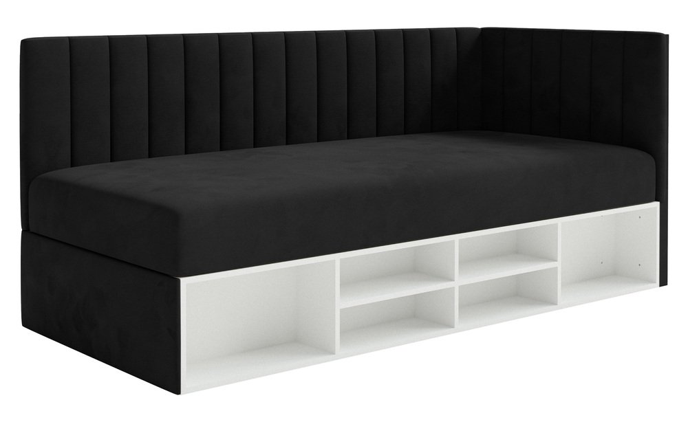 SELSEY Łóżko młodzieżowe 90x200 cm Ventrio prawostronne z pojemnikiem i półkami czarne welur hydrofobowy łatwoczyszczący