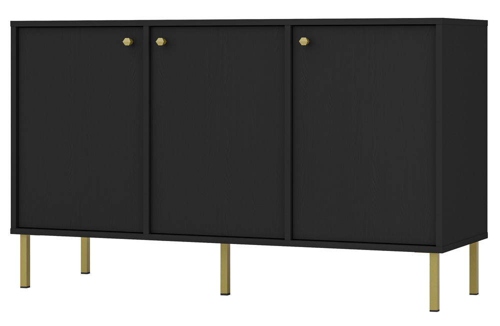 SELSEY Komoda trzydrzwiowa Oktio 125 cm czarny grafit na złotych nogach