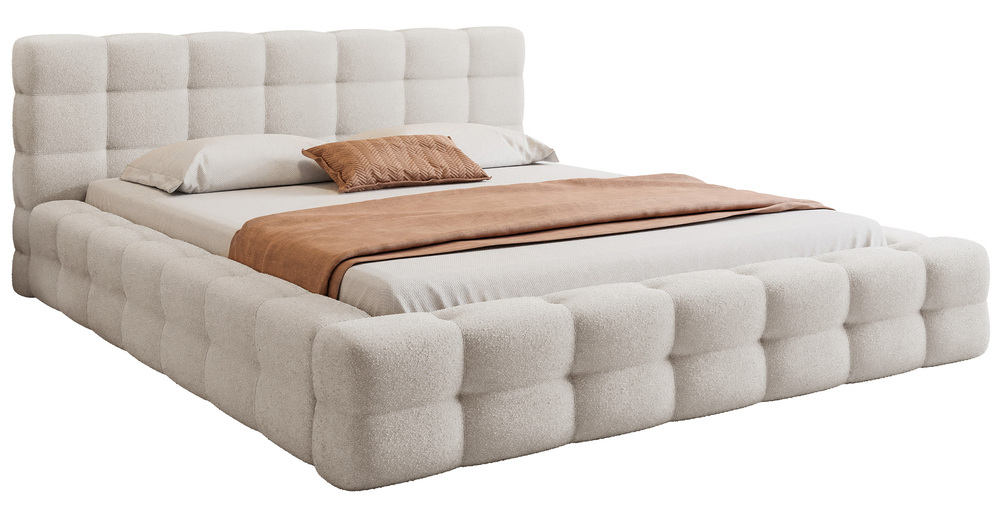 SELSEY Łóżko tapicerowane 180x200 cm Floriso z pojemnikiem i metalowym stelażem jasnobeżowe boucle