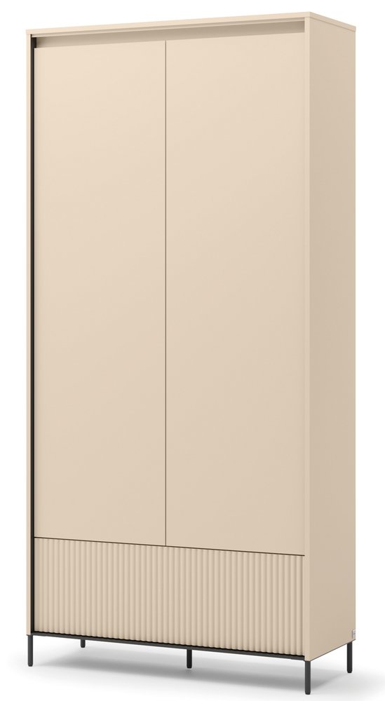 SELSEY Szafa dwudrzwiowa Trend z szufladą i oświetleniem 101 cm ryflowane fronty beż piaskowy / czarny