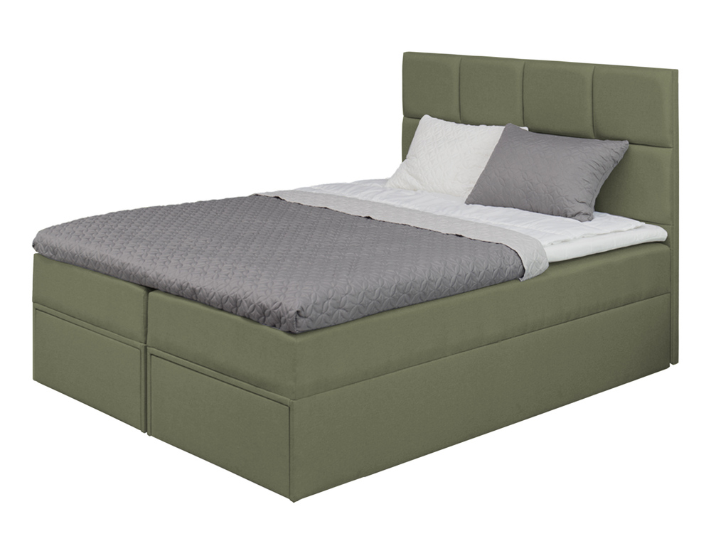 SELSEY Łóżko kontynentalne 140x200 cm Tokio z pojemnikami i szufladami oliwkowe welur hydrofobowy