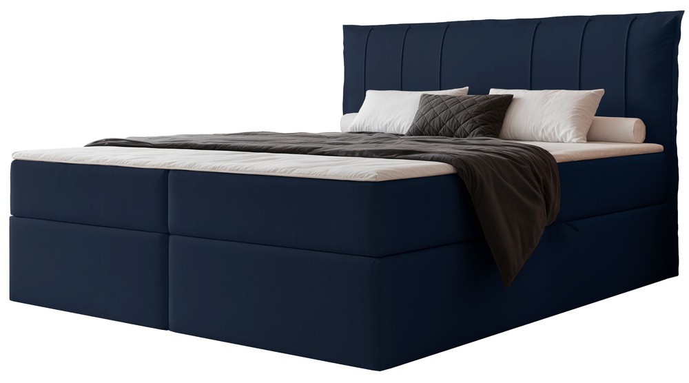 SELSEY Łóżko kontynentalne 140x200 cm Moly z materacem bonellowym i topperem granatowe welur hydrofobowy