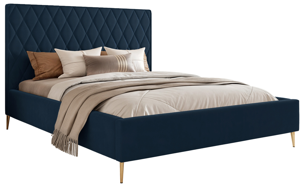SELSEY Łóżko tapicerowane 160x200 cm Caro z pojemnikiem granatowe welur hydrofobowy złote nóżki