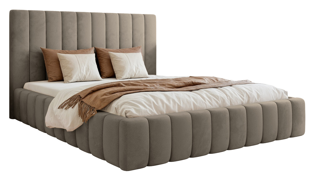 SELSEY Łóżko tapicerowane 160x200 cm Fiarro z pojemnikiem na pościel szarobeżowe welur stelaż metalowy