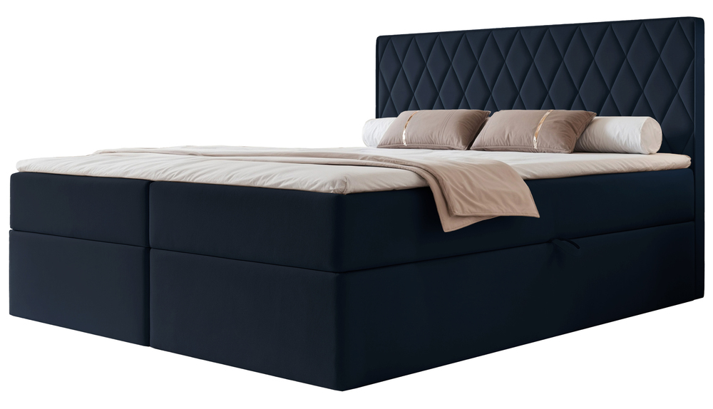 SELSEY Łóżko kontynentalne 140x200 cm Carenzo z materacem bonellowym i topperem granatowe welur hydrofobowy