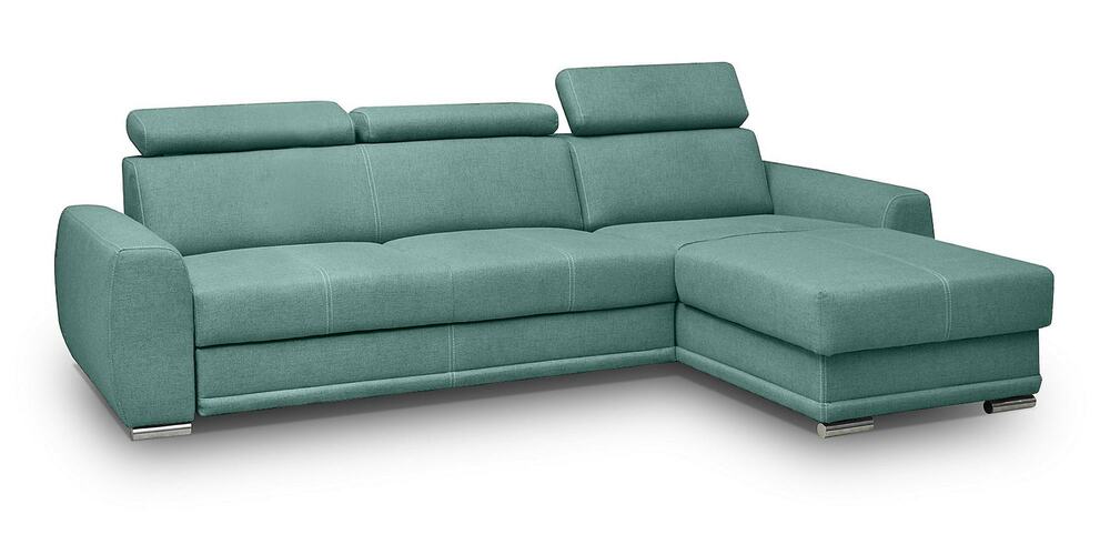 SELSEY Narożnik z funkcją spania Danles L-kształtny z trzema regulowanymi zagłówkami i pojemnikiem uniwersalny turkusowy welur hydrofobowy