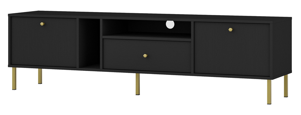 SELSEY Szafka RTV dwudrzwiowa Oktio z półkami i szufladą 180 cm czarny grafit na złotych nogach