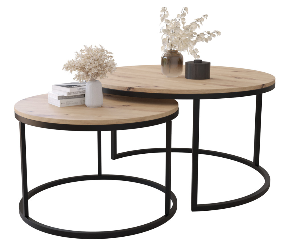 SELSEY Zestaw dwóch stolików kawowych Sabello okrągłe 80 i 60 cm Dąb artisan