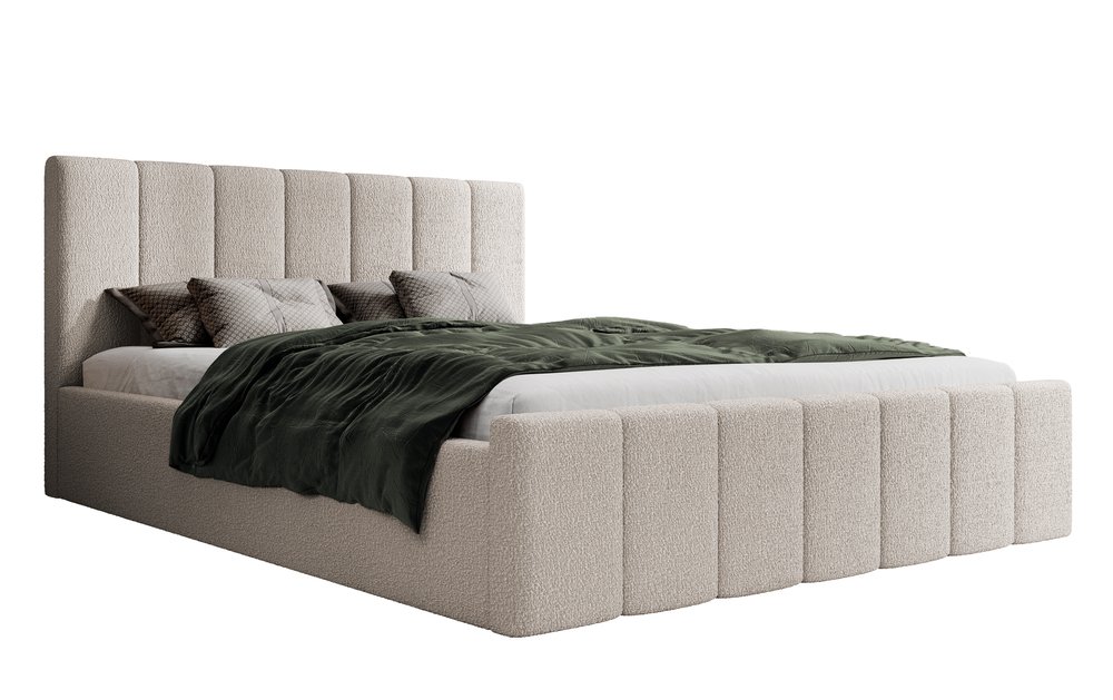 SELSEY Łóżko tapicerowane 140x200 cm Neroma beżowe z pojemnikiem stelaż drewniany boucle nogi czarne