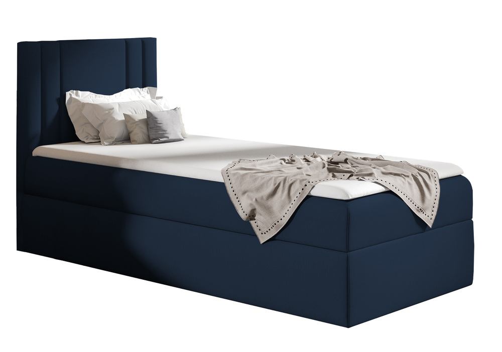 SELSEY Łóżko kontynentalne jednosobowe Dulmo Mini 90x200 cm z pojemnikiem i topperem granatowe hydrofobowe prawostronne