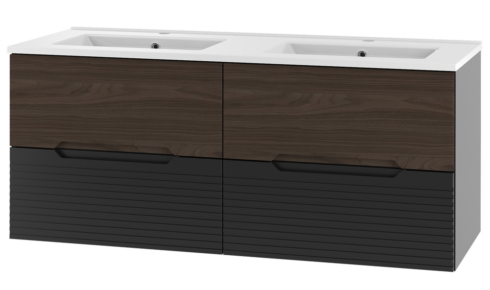 SELSEY Zestaw łazienkowy z dwiema szafkami i umywalkami Avella 120 cm ryflowane fronty czarny mat / orzech