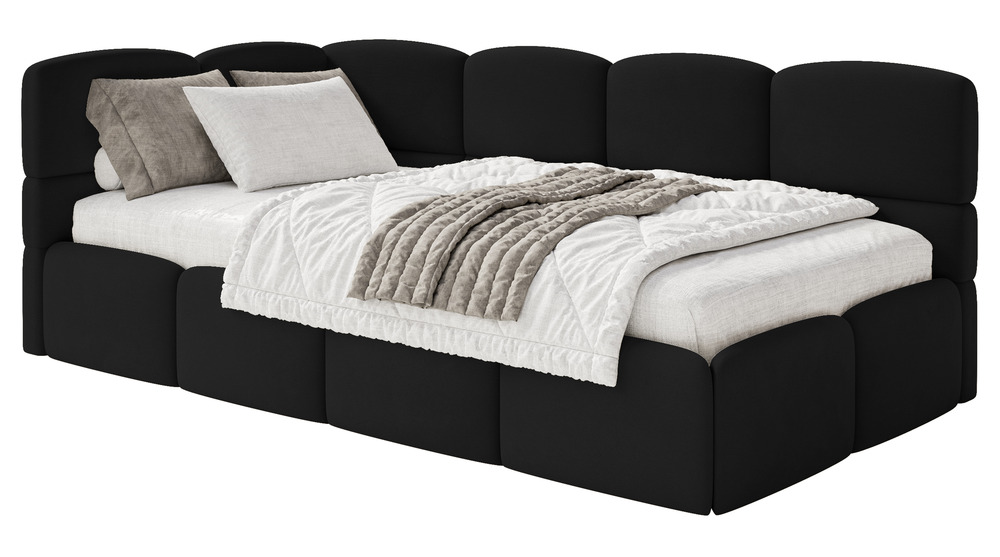 SELSEY Łóżko młodzieżowe 90x200 cm Cloudy lewostronne z materacem i pojemnikiem czarne welur hydrofobowy łatwoczyszczący