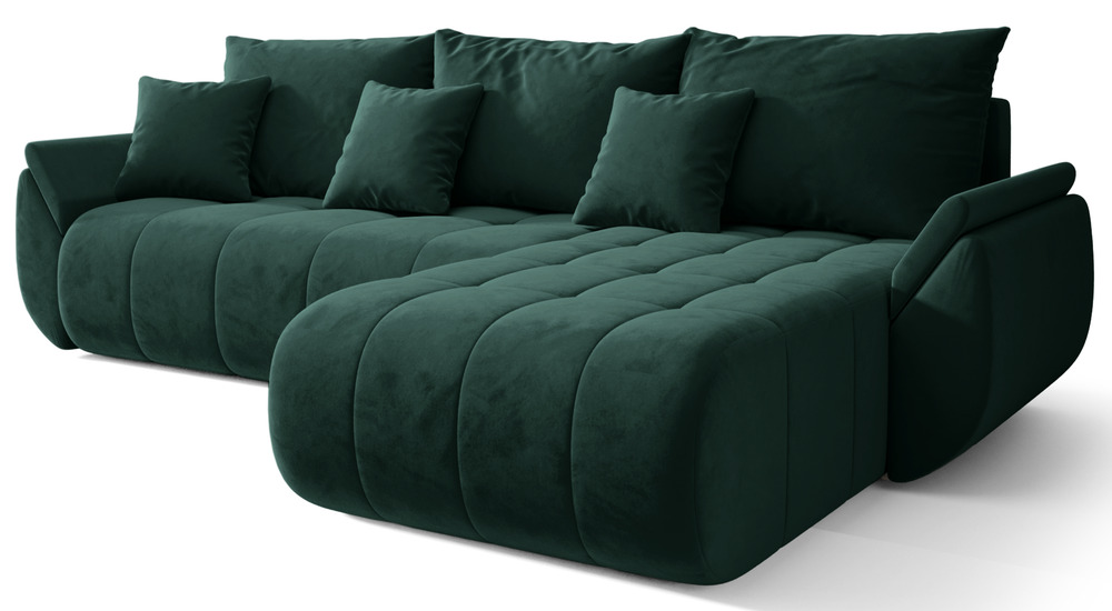 SELSEY Narożnik z funkcją spania Romuldi L-kształtny prawostronny z pojemnikiem zielony welur hydrofobowy