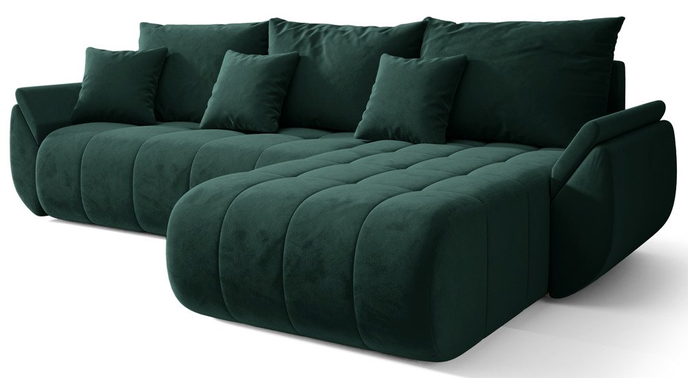 SELSEY Narożnik z funkcją spania Romuldi L-kształtny prawostronny z pojemnikiem zielony welur hydrofobowy