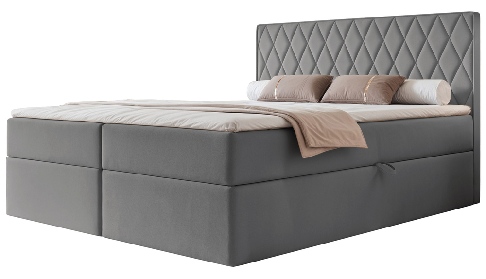 SELSEY Łóżko kontynentalne 180x200 cm Carenzo z materacem bonellowym i topperem niebieskoszare welur hydrofobowy