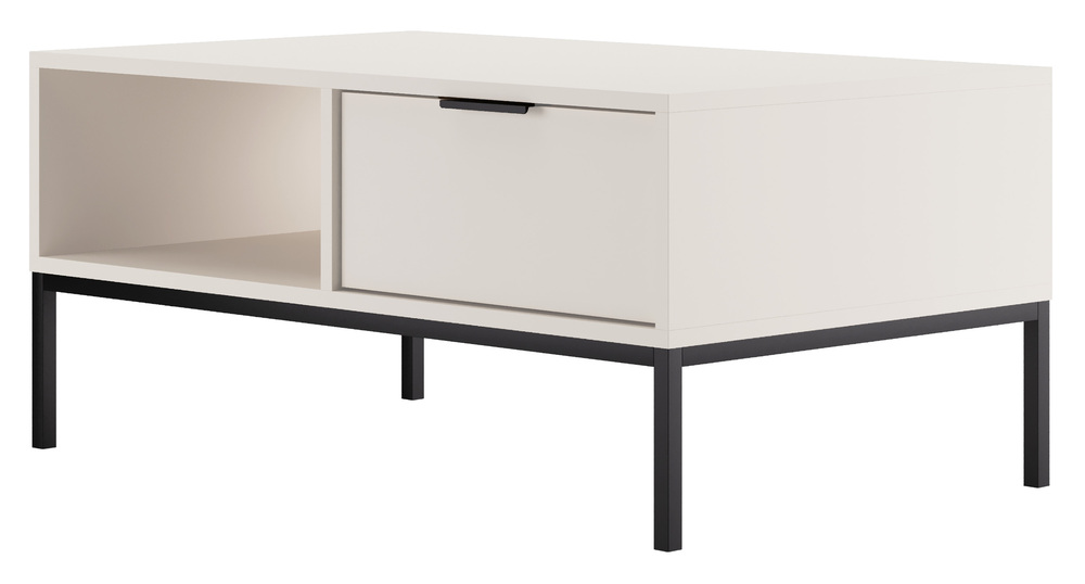 SELSEY Stolik kawowy Diargo 100 cm z dwiema szufladami i wnęką biały na czarnym stelażu