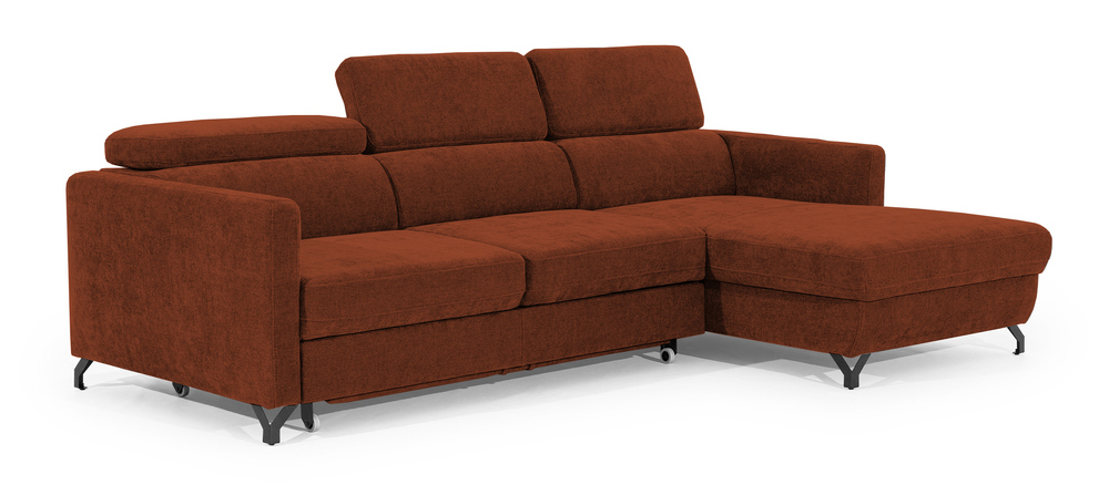 SELSEY Narożnik z funkcją spania Monarda L-kształtny z pojemnikiem i regulowanymi zagłówkami rudy welur hydrofobowy prawostronny