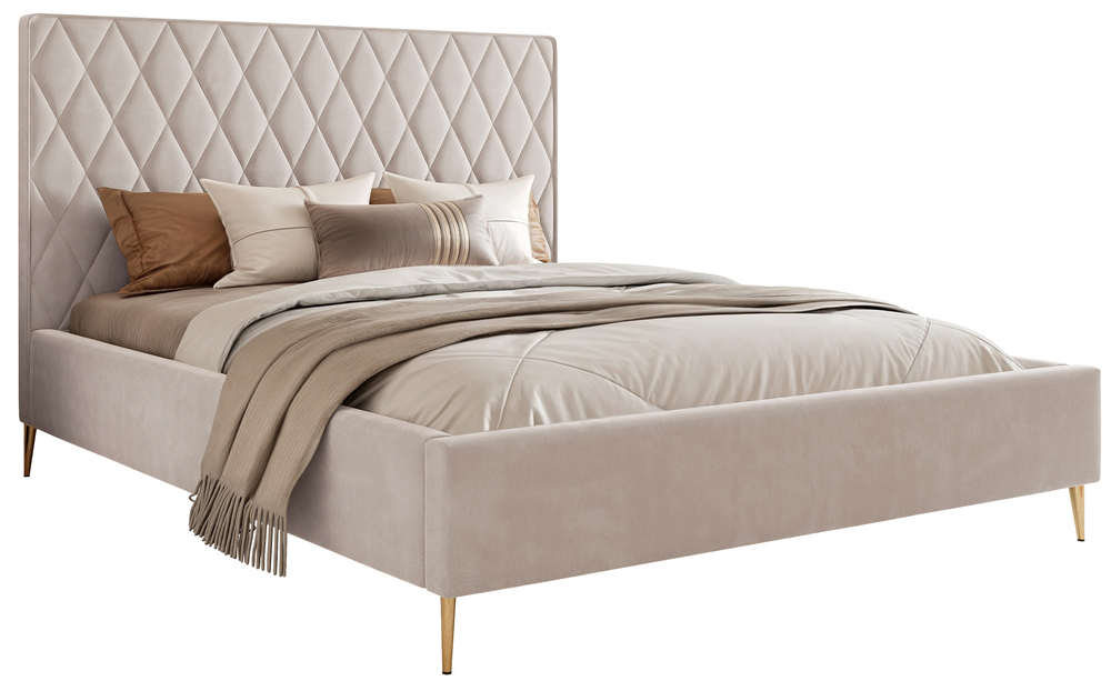 SELSEY Łóżko tapicerowane 140x200 cm Caro z pojemnikiem szarobeżowe welur hydrofobowy złote nóżki