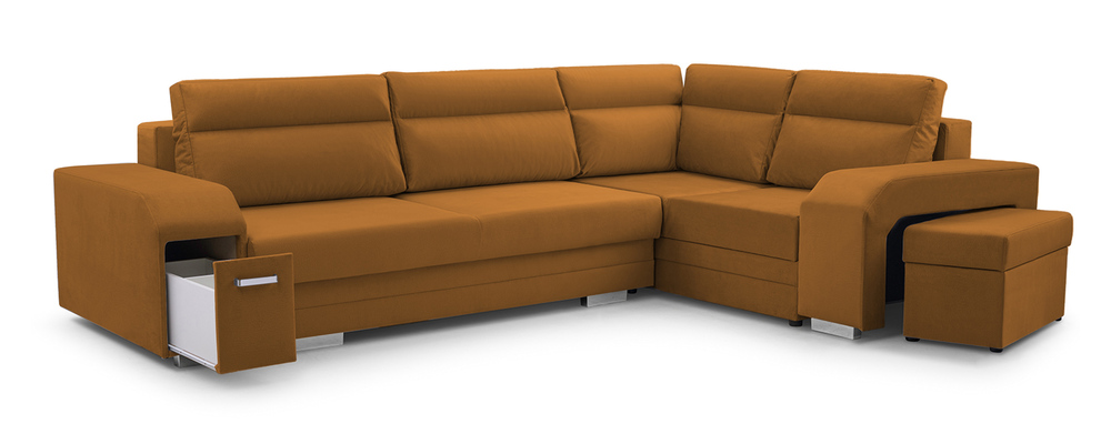 SELSEY Narożnik z funkcją spania Umill L-kształtny z pojemnikami z barkiem i pufą musztardowy welur hydrofobowy prawostronny