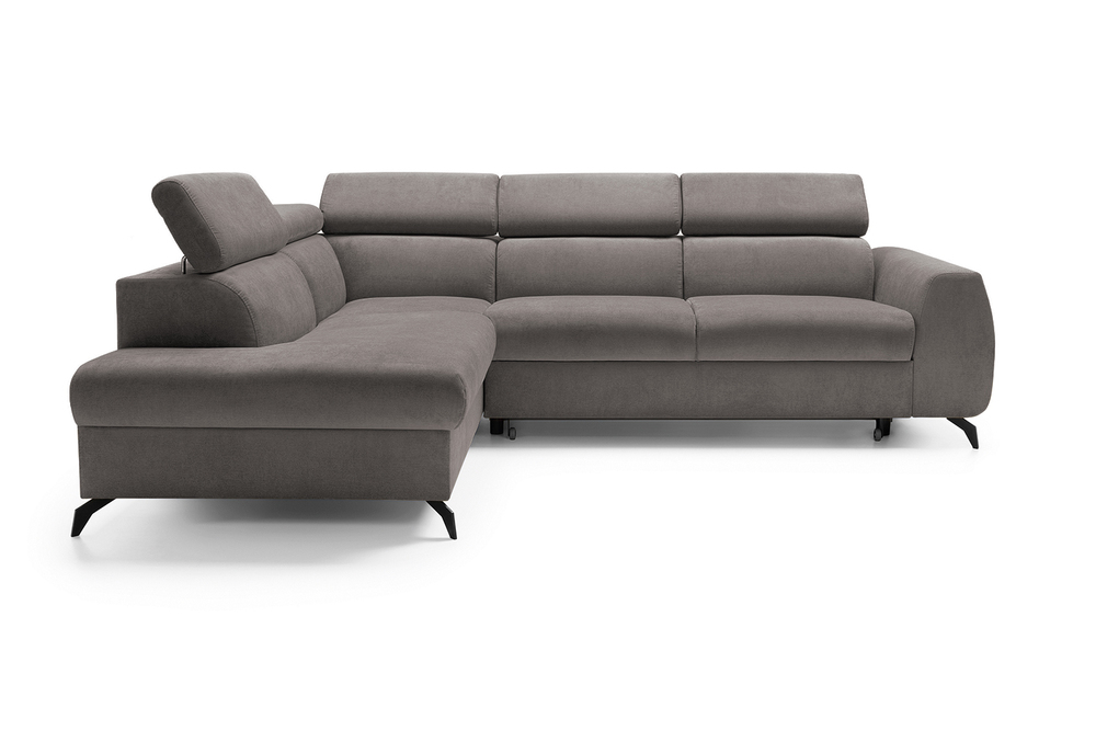 SELSEY Narożnik z funkcją spania Hazryn L-kształtny z regulowanymi zagłówkami i pojemnikiem ciemnoszary welur łatwoczyszczący lewostronny