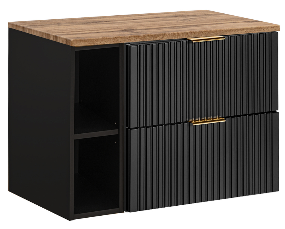 SELSEY Szafka łazienkowa dwuszufladowa Temirni z blatem i czarnymi otwartymi półkami 80 cm czarna/dąb wotan