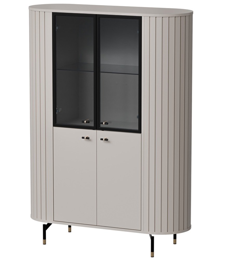 SELSEY Witryna czterodrzwiowa Zante z ryflami i szklanym frontem 112 cm szary beż