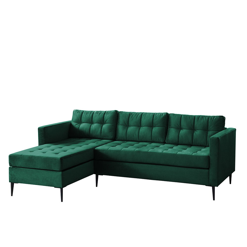 SELSEY Narożnik Kopenhaga na metalowych nóżkach L-kształtny uniwersalny zielony aksamit hydrofobowy łatwoczyszczący