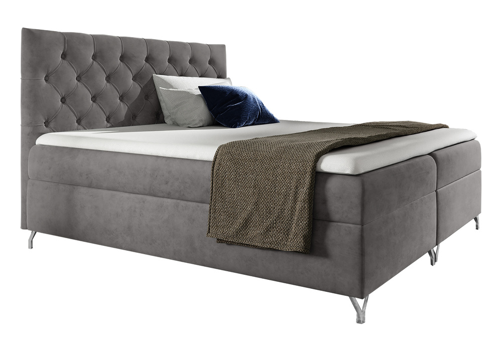 SELSEY Łóżko kontynentalne Lozanna 120x200 z dwoma pojemnikami, materacem i topperem szare