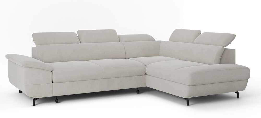 SELSEY Narożnik z funkcją spania Lambo L-kształtny z boczkiem z regulowanymi zagłówkami i pojemnikiem kremowy welur łatwoczyszczący prawostronny