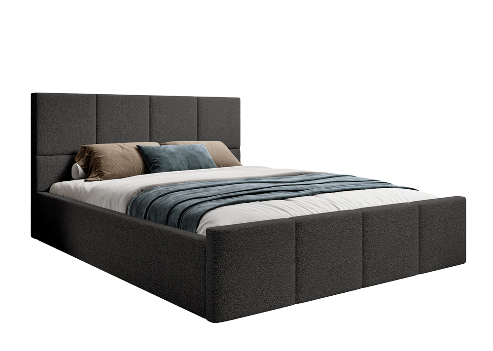 SELSEY Łóżko tapicerowane 160x200 cm Monera ciemnoszare z pojemnikiem stelaż drewniany boucle nogi czarne