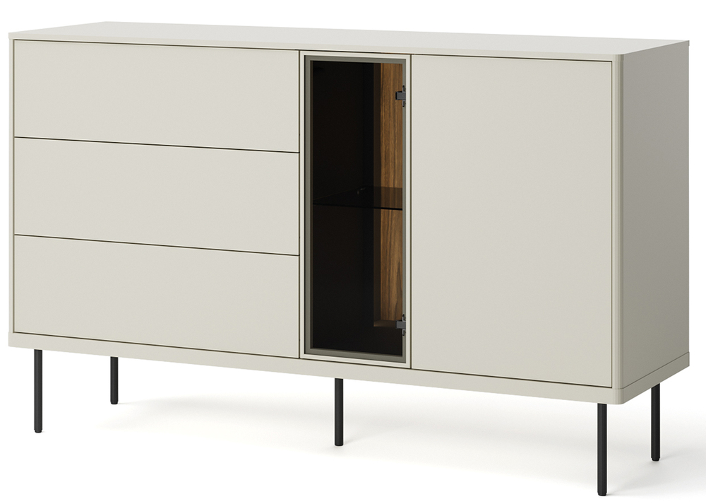 SELSEY Komoda dwudrzwiowa Epiro z trzema szufladami i oświetleniem 134 cm szary beż / dąb ciemny