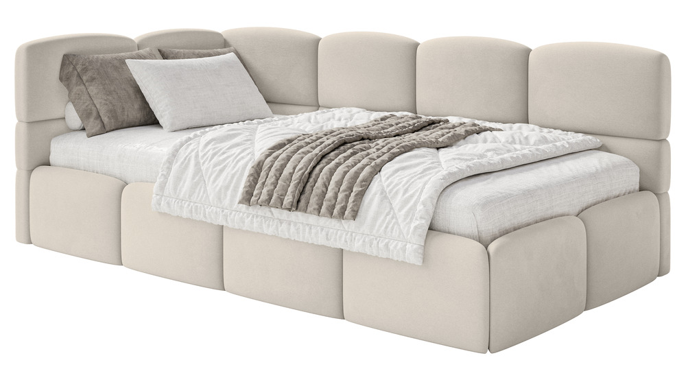 SELSEY Łóżko młodzieżowe 90x200 cm Cloudy lewostronne z pojemnikiem jasnobeżowe welur hydrofobowy łatwoczyszczący