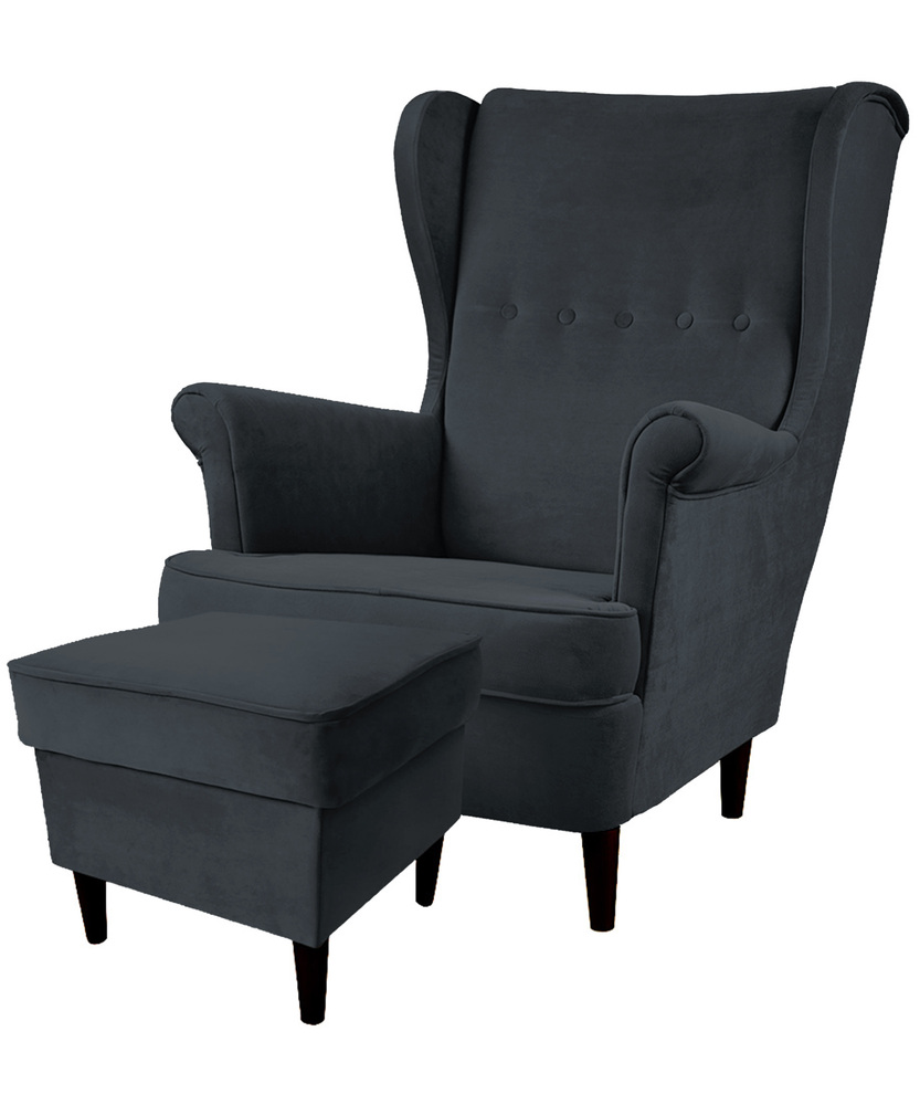 SELSEY Fotel Malmo z podnóżkiem antracytowy welur łatwoczyszczący na czarnych nóżkach