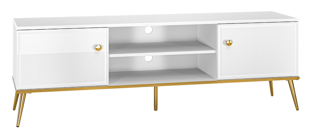 SELSEY Szafka RTV Darrby 160 cm biała/biały połysk ze złotymi nogami