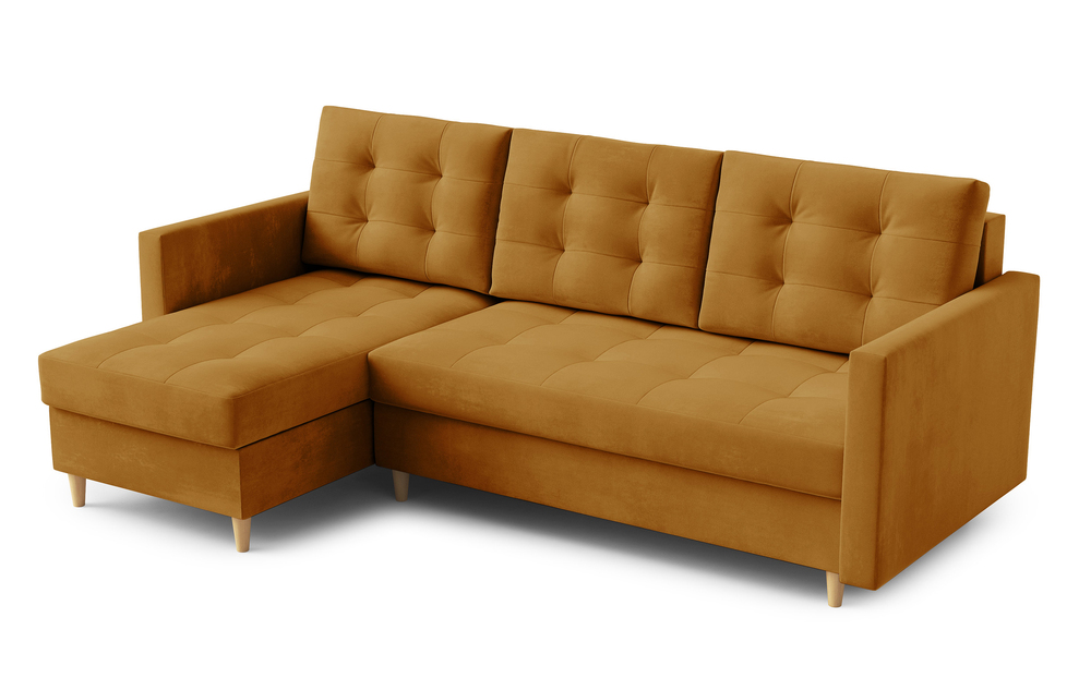 SELSEY Narożnik z funkcją spania Plauton L-kształtny z pojemnikiem uniwersalny musztardowy welur