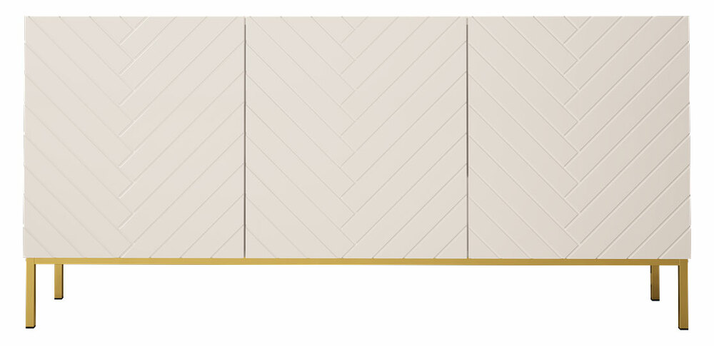 SELSEY Komoda trzydrzwiowa Qudula 160 cm biały mat / biały połysk ze złotymi nogami jodełka