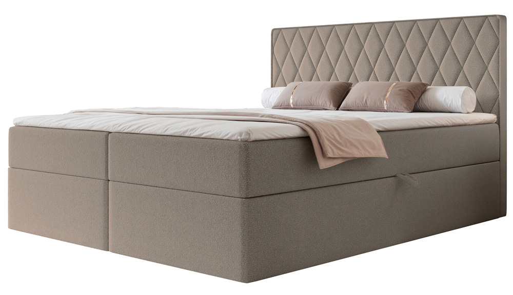 SELSEY Łóżko kontynentalne 160x200 cm Carenzo z materacem bonellowym i topperem jasnobrązowe szenil hydrofobowy