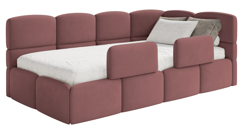 SELSEY Łóżko młodzieżowe 90x200 cm Cloudy prawostronne z materacem pojemnikiem i barierkami różowe welur hydrofobowy łatwoczyszczący