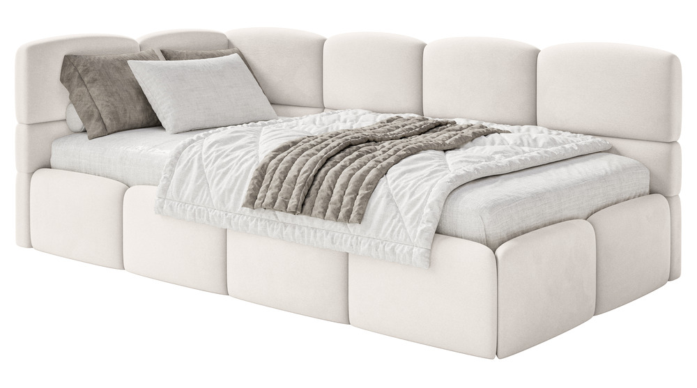 SELSEY Łóżko młodzieżowe 90x200 cm Cloudy lewostronne z materacem i pojemnikiem kremowe welur hydrofobowy łatwoczyszczący