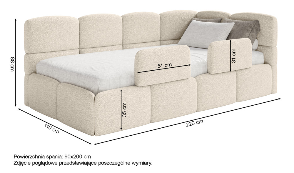 SELSEY Łóżko młodzieżowe 90x200 cm Cloudy lewostronne z pojemnikiem czarne welur hydrofobowy łatwoczyszczący