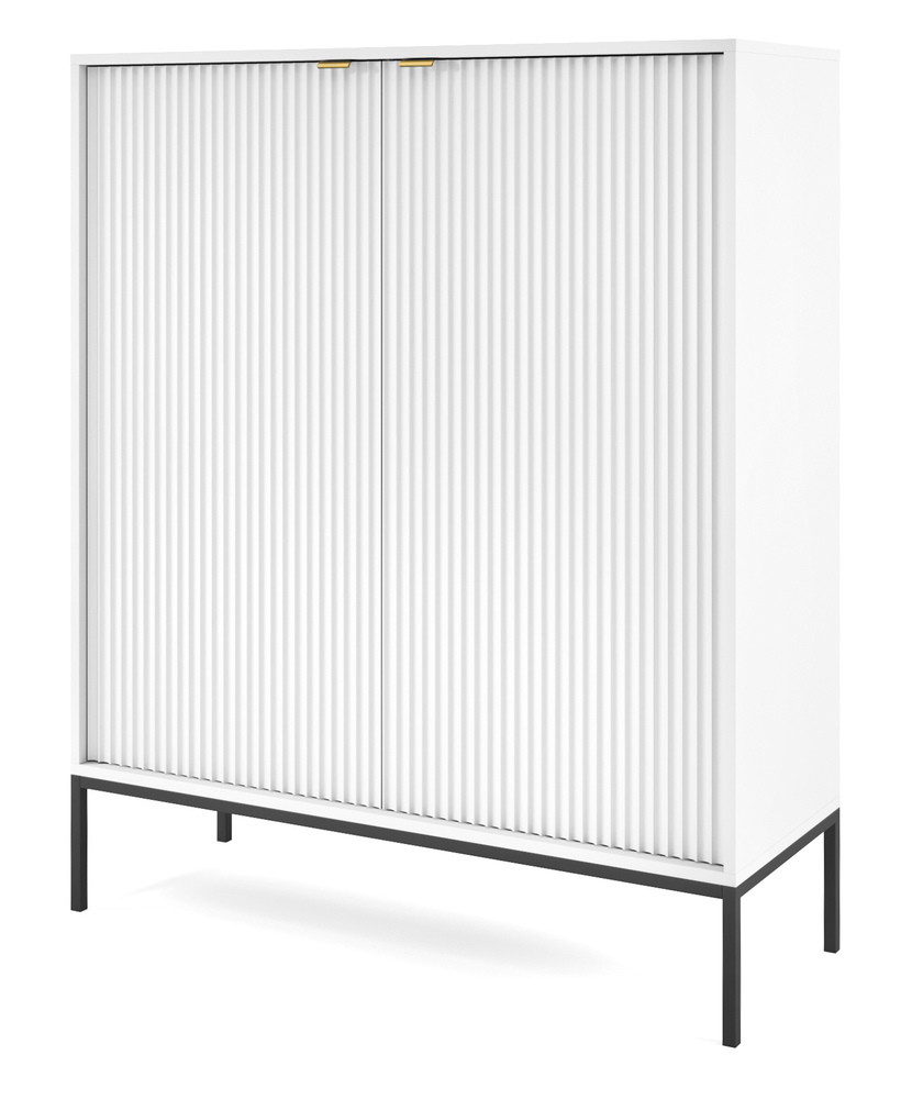 SELSEY Komoda wysoka Vellore biała z ryflowanymi frontami i złotymi uchwytami