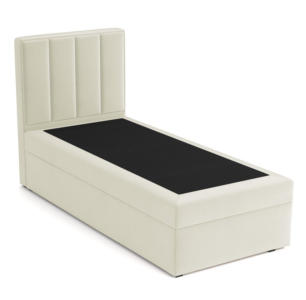 SELSEY Łóżko kontynentalne 90x200 cm Rinus z pojemnikiem kremowe welur hydrofobowy prawostronne