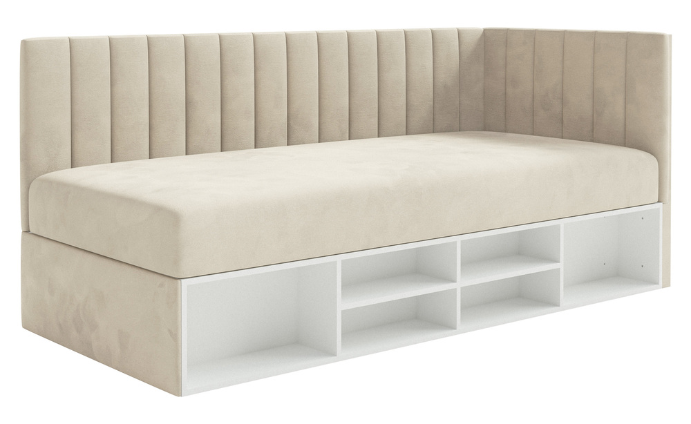 SELSEY Łóżko młodzieżowe 90x200 cm Ventrio prawostronne z pojemnikiem i półkami jasnobeżowe welur hydrofobowy łatwoczyszczący