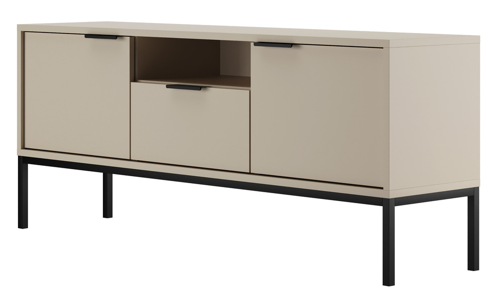 SELSEY Szafka RTV dwudrzwiowa Diargo 135 cm z szufladą i wnęką szarobeżowa na czarnym stelażu