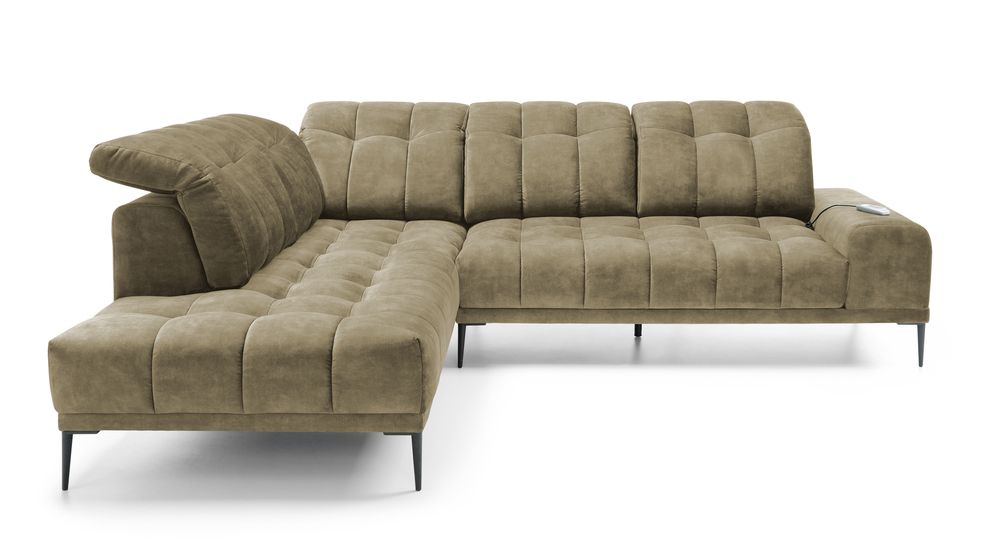 SELSEY Narożnik Boledit z wysuwanym siedziskiem elektrycznym beżowy w tkaninie hydrofobowej welur prawostronny