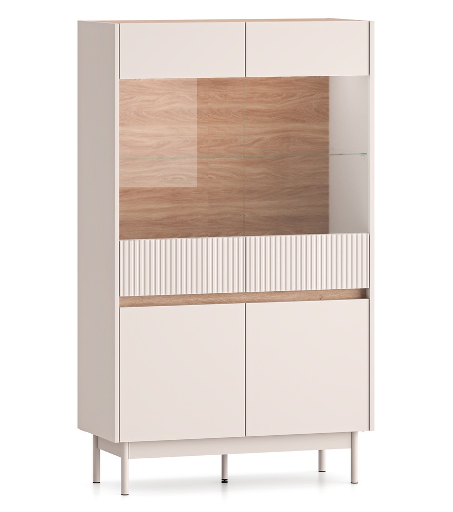 SELSEY Witryna czterodrzwiowa Dunea przeszklona z oświetleniem 92 cm kaszmir/dąb