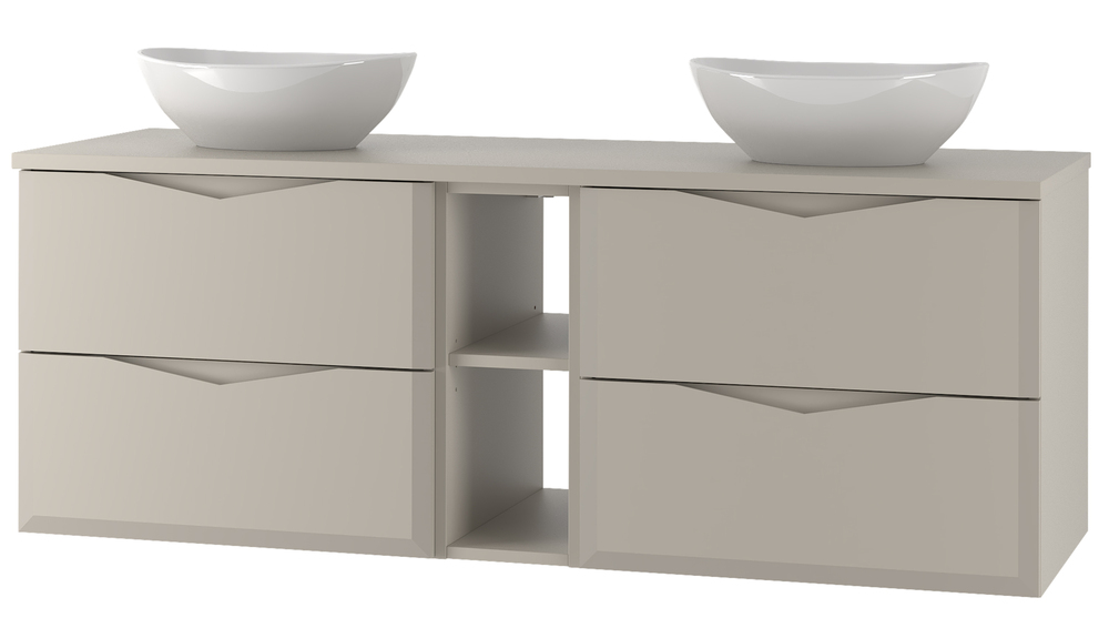 SELSEY Zestaw łazienkowy Delica z dwiema umywalkami nablatowymi i półkami 140 cm szary beż