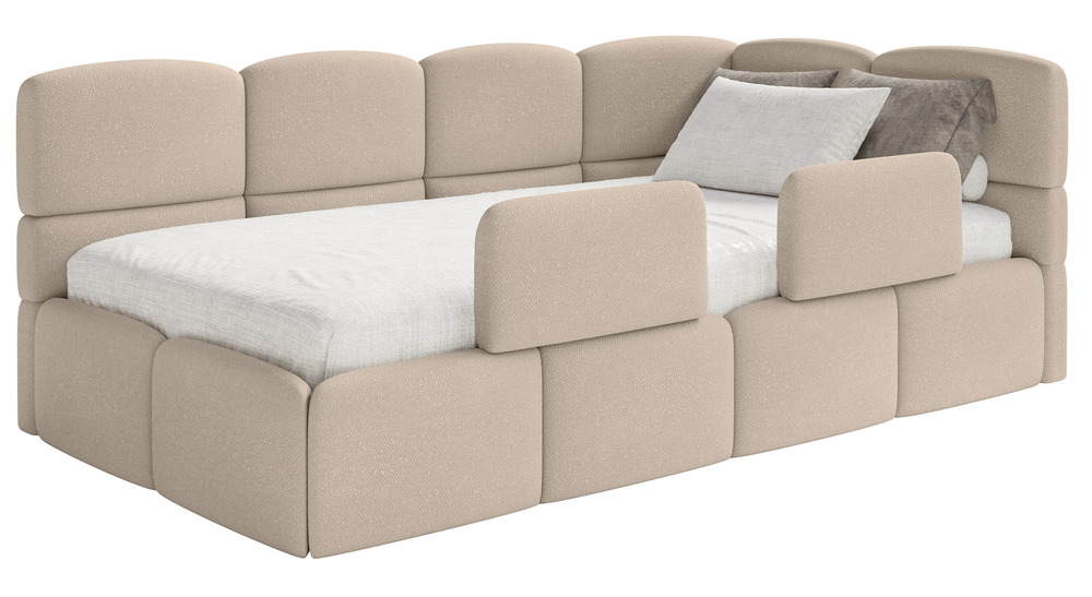 SELSEY Łóżko młodzieżowe 90x200 cm Cloudy prawostronne z pojemnikiem i barierkami beżowe szenil